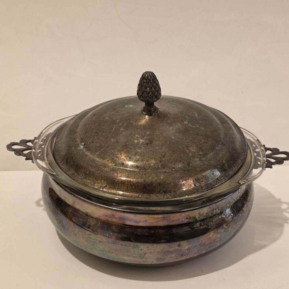 Vtg 3 Pc. Pyrex Silver Metal Casserole Holder Server Warmer & Glass Bowl Dish